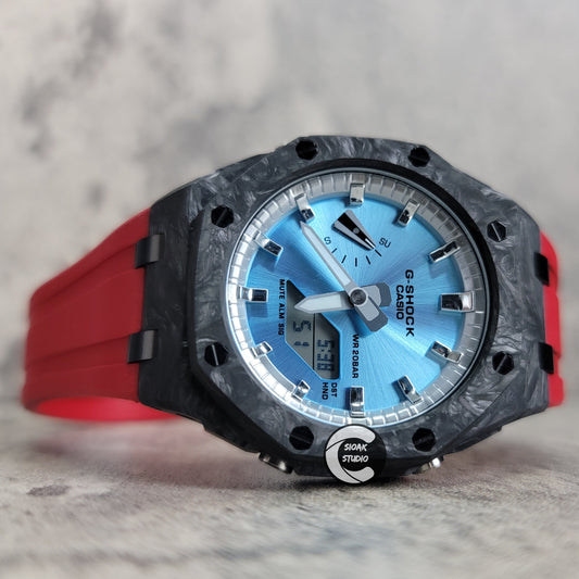 Casioak Mod Watch Carbon Fiber Offshore Superior Black Case Red Strap Silver Time Mark Ice Blue Dial 44mm- Casioak Mod Casio G-Shock Royal Oak Custom Mens Luxury Watches Ga2100