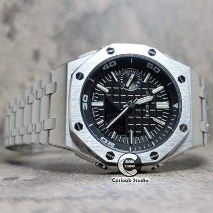 Casioak Mod Watch NEW Offshore Superior Silver Case Metal Strap Black Time Mark Black Dial 44mm Sapphire Crystal Sapphire Glass- Casioak Mod Casio G-Shock Royal Oak Custom Mens Luxury Watches Ga2100