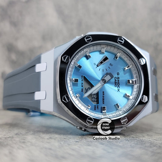 Casioak Mod Watch Polished Silver Case Black Strap Silver Time Mark Blue Dial 44mm- Casioak Mod Casio G-Shock Royal Oak Custom Mens Luxury Watches Ga2100
