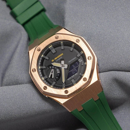Casioak Mod Watch Rose Gold Case Green Rubber Strap Black Gray Time Mark Black Dial 44mm Yellow- Casioak Mod Casio G-Shock Royal Oak Custom Mens Luxury Watches Ga2100