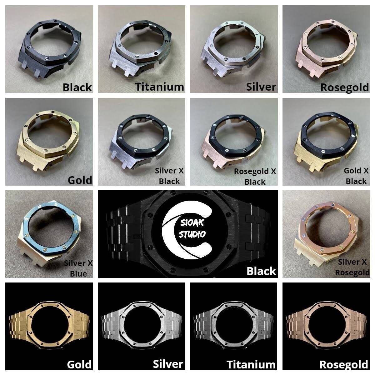 Casioak Mod Watch Silver Case Black Rubber Strap Black Rose Gold Time Mark Black Dial 44mm- Casioak Mod Casio G-Shock Royal Oak Custom Mens Luxury Watches Ga2100