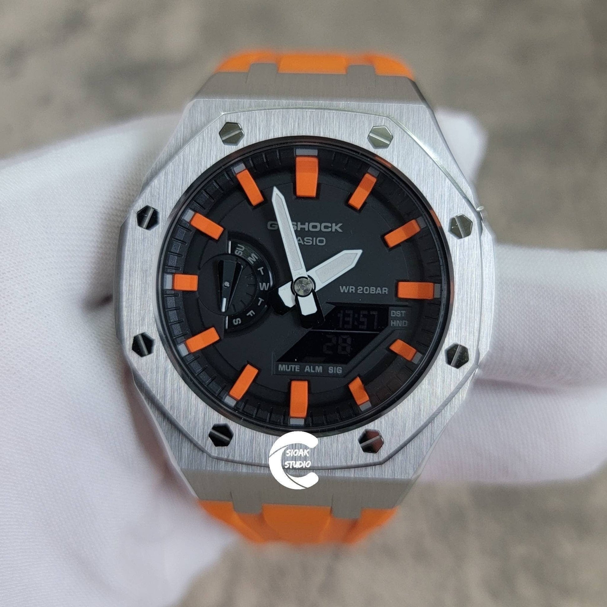 Casioak Mod Watch Silver Case Orange Rubber Strap Black Orange Time Mark Black Dial 44mm- Casioak Mod Casio G-Shock Royal Oak Custom Mens Luxury Watches Ga2100