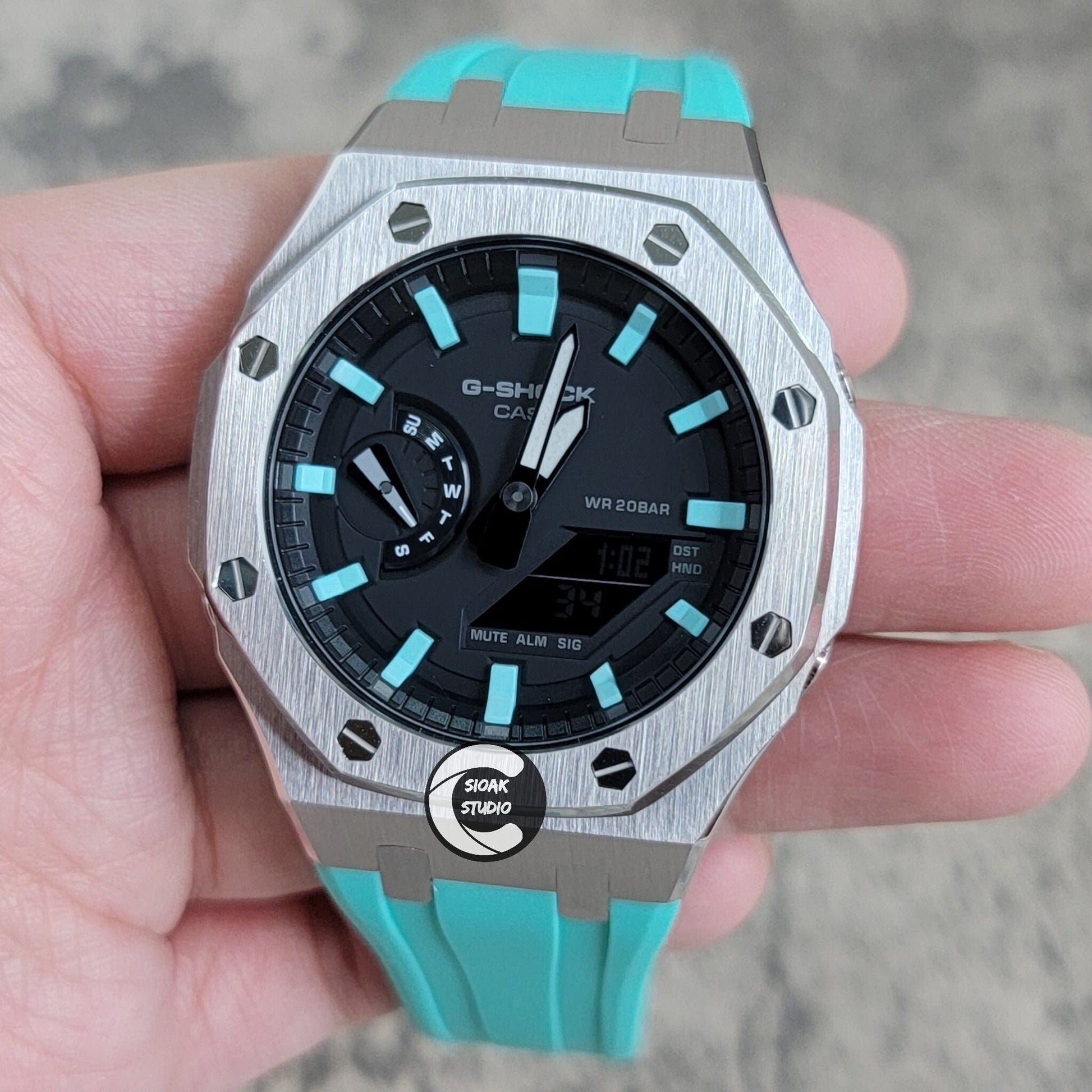 Casioak Mod Watch Silver Case Tiff Rubber Strap Tiff Time Mark Black Dial 44mm- Casioak Mod Casio G-Shock Royal Oak Custom Mens Luxury Watches Ga2100