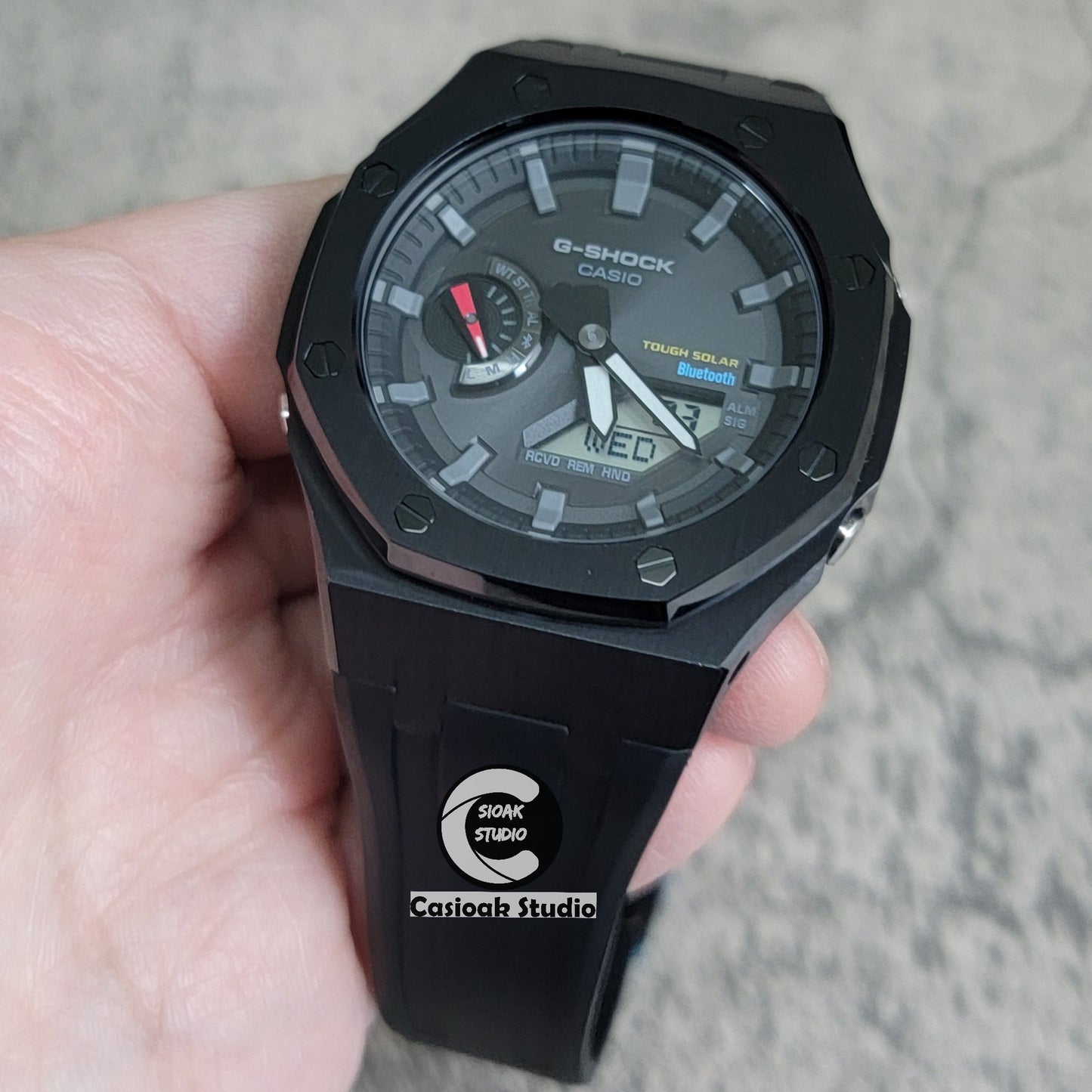 Casioak Mod Watch Solar Bluetooth Black Case Black Rubber Strap Black Time Mark Black Dial 44mm- Casioak Mod Casio G-Shock Royal Oak Custom Mens Luxury Watches Ga2100