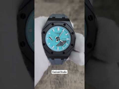 Casioak Mod ウォッチブラックケース Tiff ラバーストラップブルーホワイトタイムマーク Tiff ダイヤル 42mm